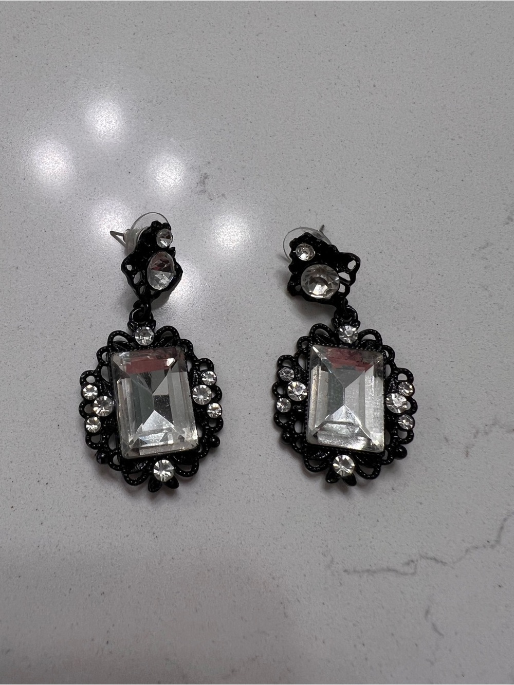 Black Filigree Crystal Drop Earrings - Vintage Glam Statement Rhinestone